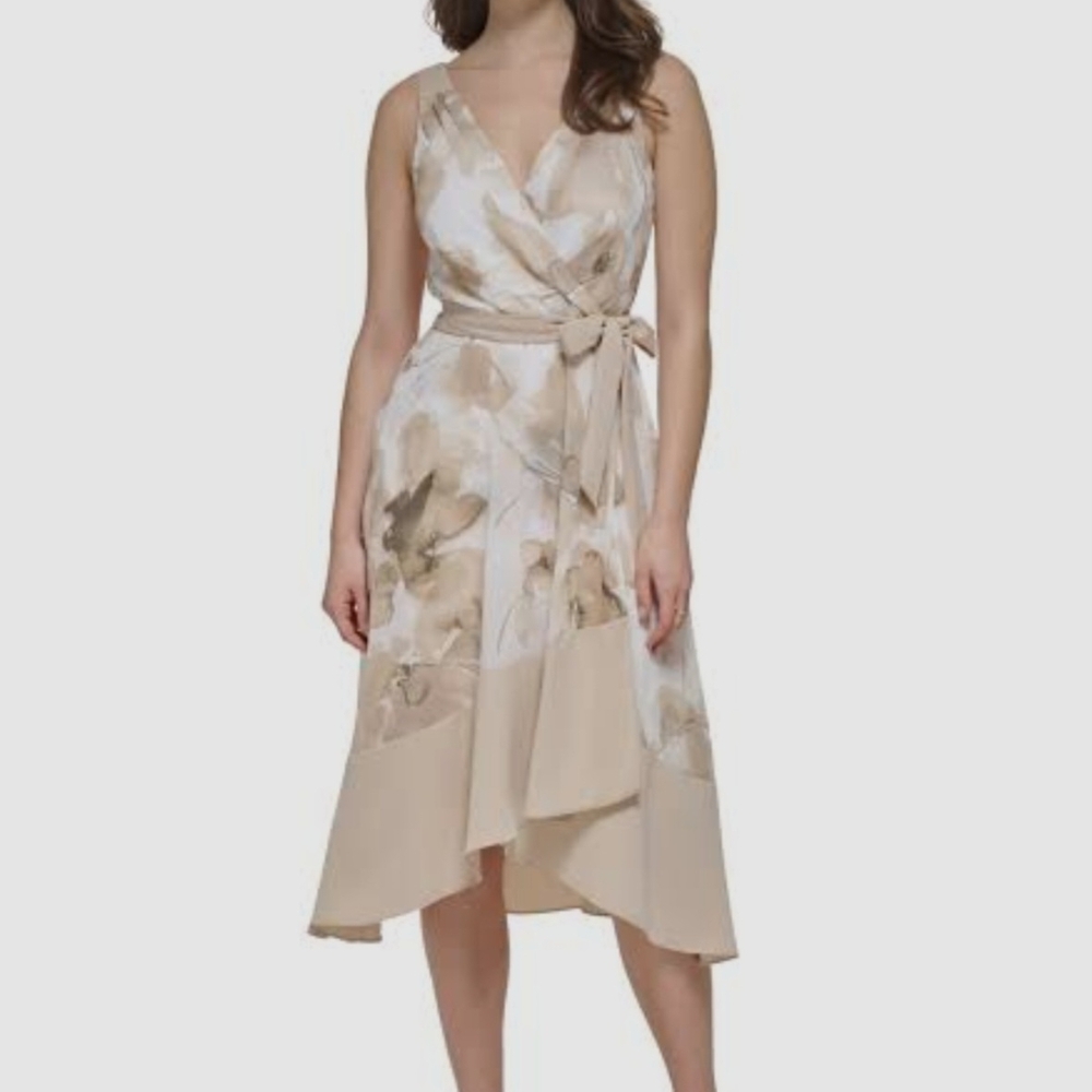 DKNY Beige Floral High-Low Wrap Dress
